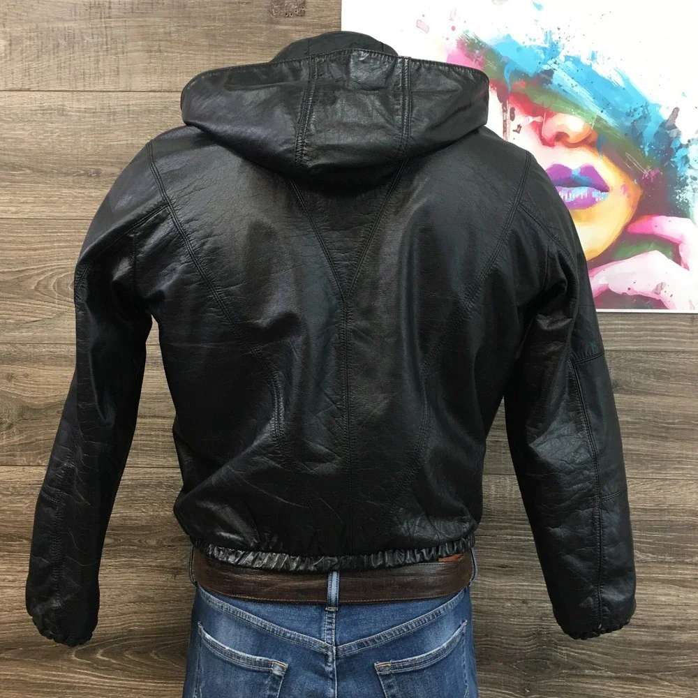 VINTAGE LEATHER HOODED JACKET MENS‎ BLACK REMOVABLE HOOD ZIPPER SIZE 40